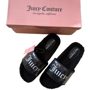NWB Juicy Couture Women 9 SAGA Black Fuzzy Sherpa Slides Slip On shoes Sandals